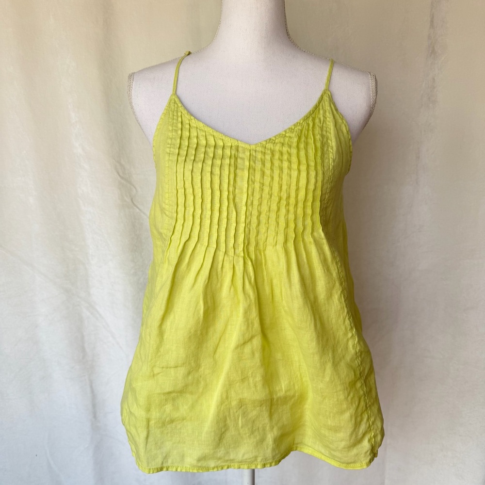 Willi Smith Womens Linen Chartreuse Yellow Spaghetti Strap Pleated Tank Sz Small